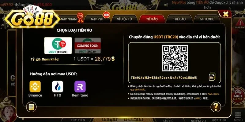 GO88 hỗ trợ nhiều hình thức nạp tiền như ngân hàng, Momo, ViettelPay và thẻ cào.